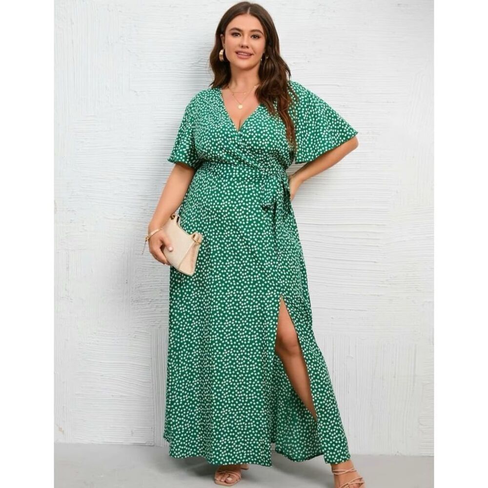 Plus Size Loose Ditsy Floral Wrap Deep V Neck Tie Side Split Thigh A-line Dress